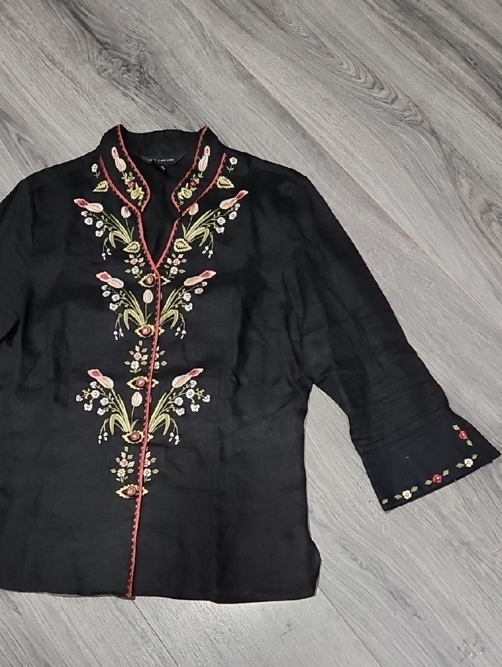 100% Linen Anne Carson Manderin Collar Embroidered Top - Picture 3 of 8
